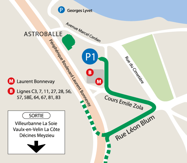 plan d'accès voiture, métro et bus de l'Astroballe